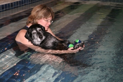 Cindy Horsfall assists Cricket, a 17-year-old dog suffering from arthritis, with water-based circulation and strength exercises.