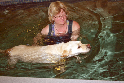 Cindy Horsfall of La Paw Spa helps her client Maggie though the waters during a warm water therapy session. Cindy Horsfall of La Paw Spa helps her client Maggie though the waters during a warm water therapy session.
