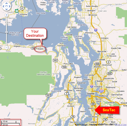 Washington Map highlighting SeaTac and Sequim